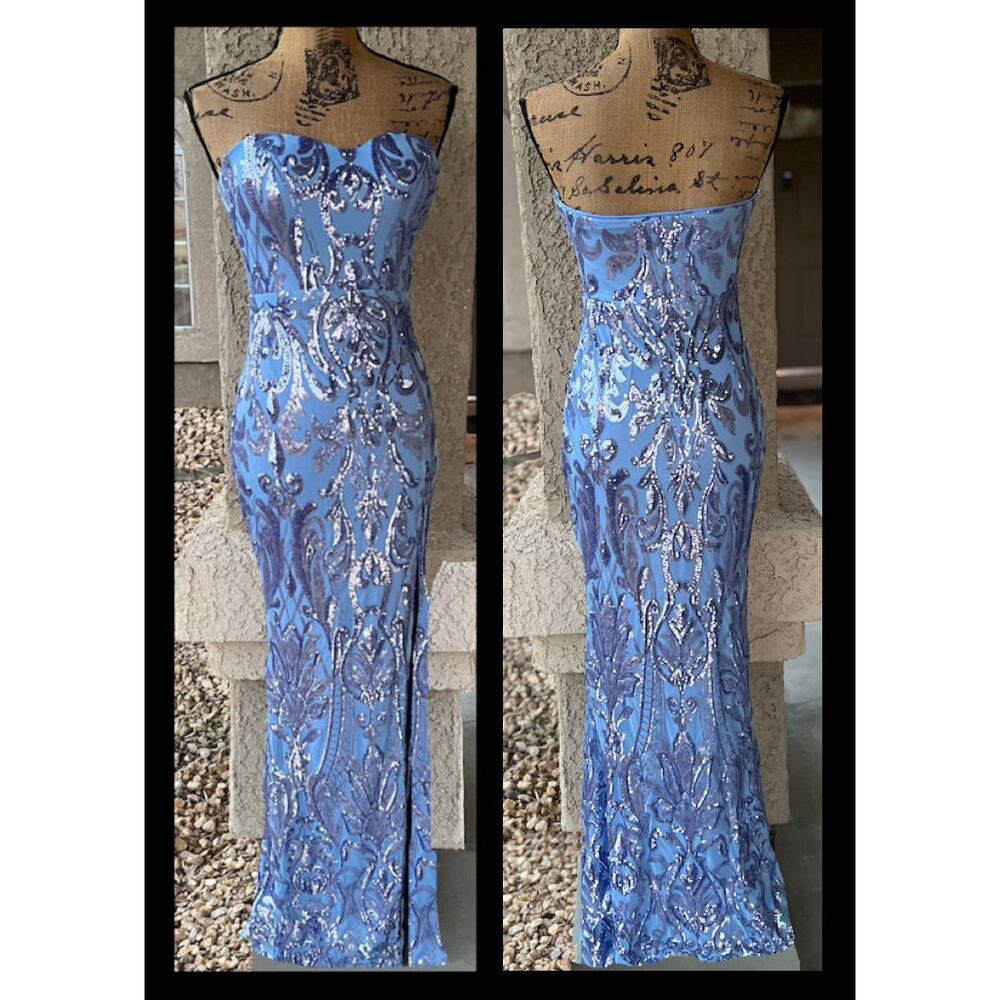 Lulus Blue Sequins Strapless Mermaid Maxi Dress Size M NEW - Picture 3 of 6